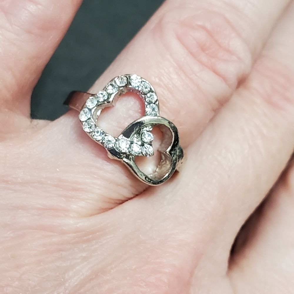 Silver tone double heart rhinestone ring Size 5